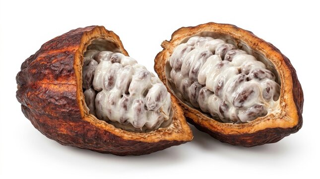 Cocoa pod with fresh beans, isolated on pure white background