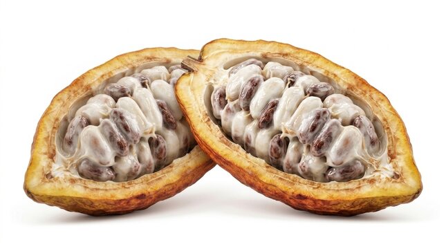 Cocoa pod with fresh beans, isolated on pure white background