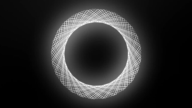 Abstract black white geometric line background. Rotating shapes form a complex circle pattern for modern tech design and elegant presentation.
