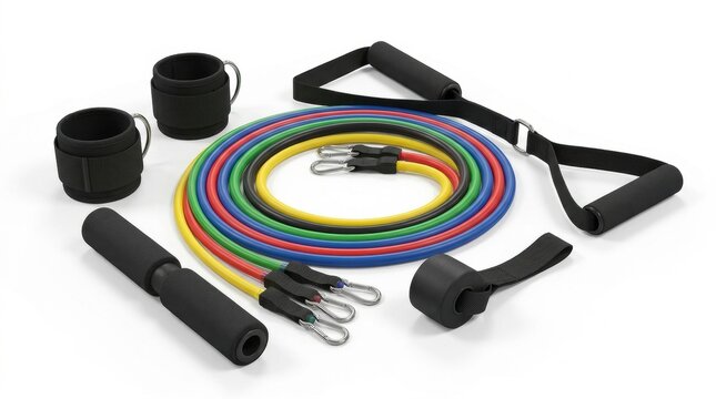 Latex resistance exercise bands set, isolated on pure white background