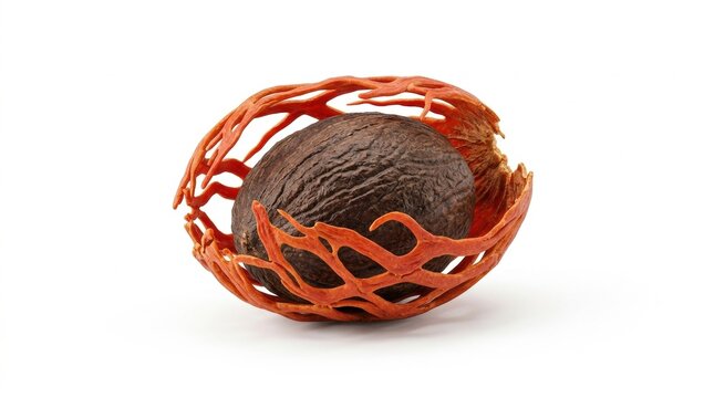 Nutmeg resting in mace shell, isolated on pure white background