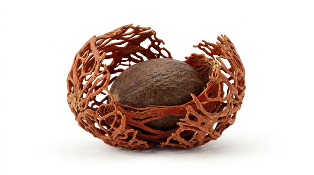 Nutmeg seed inside mace shell, isolated on pure white background