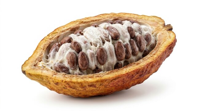 Open cocoa pod with beans, isolated on pure white background