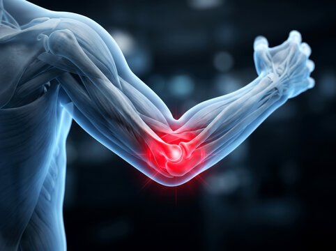 Highlighted human elbow joint showing severe pain 3d rendered medical anatomy illustration