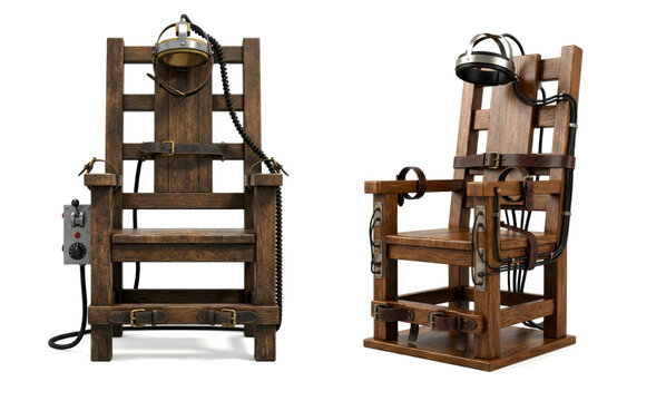 Scary wooden electric chair isolated on white background 3d rendering death penalty justice concept
