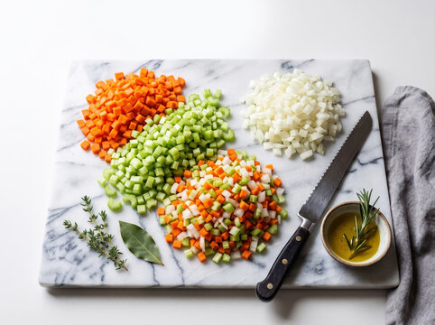 Classic mix of chopped fresh carrots celery and onion ready for cooking on white