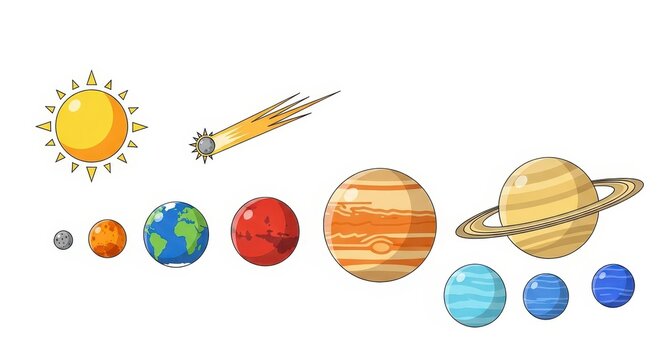 Colorful illustration of the solar system planets and sun.