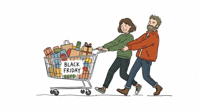Couple enthusiastically pulling a shopping cart full of gifts and bags labeled Black Friday