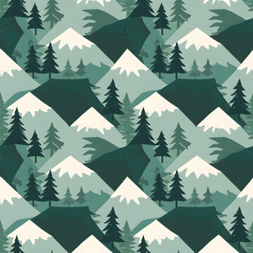 Seamless pattern of abstract mountains and pine trees