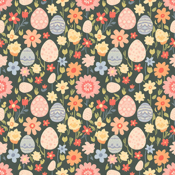 Seamless pattern of pastel Easter eggs and spring flowers