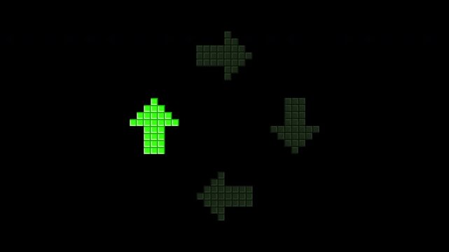 Pixelated arrows animating direction changes on black background retro tech concept