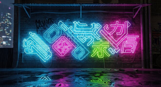Colorful Neon Signs with Japanese Characters in Dark Room.