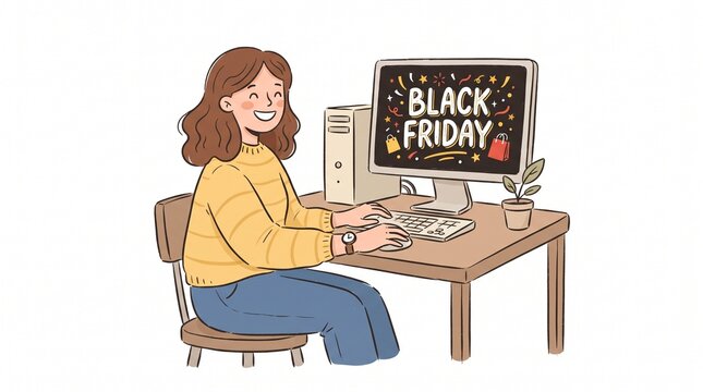 Smiling woman happily shopping online for Black Friday deals on her computer at home