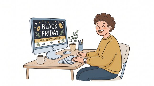 Happy man shopping online for Black Friday deals on his computer with huge savings and discounts advertised on screen