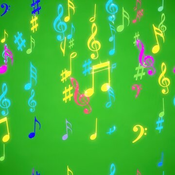 Colorful musical notes on vibrant green background.