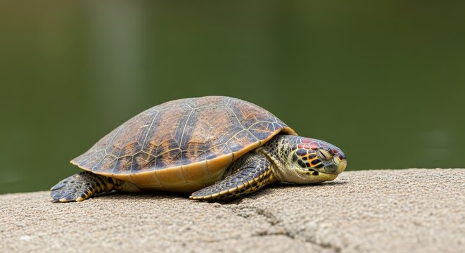 Colorful painted turtle resting on a rock.