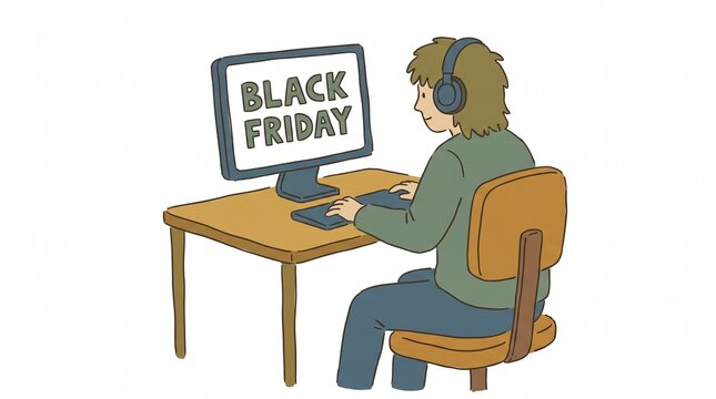 Person wearing headphones sits at a desk and types on a computer with Black Friday displayed on the screen
