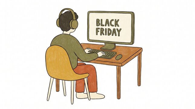 Person wearing headphones sits at a desk and types on a computer with Black Friday displayed on the screen