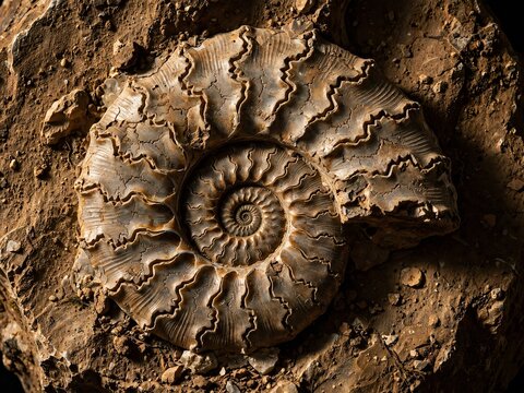 Highly detailed close up of an extinct ammonite fossil embedded in rough brown rock matrix showing intricate spiral shell chambers and complex suture patterns