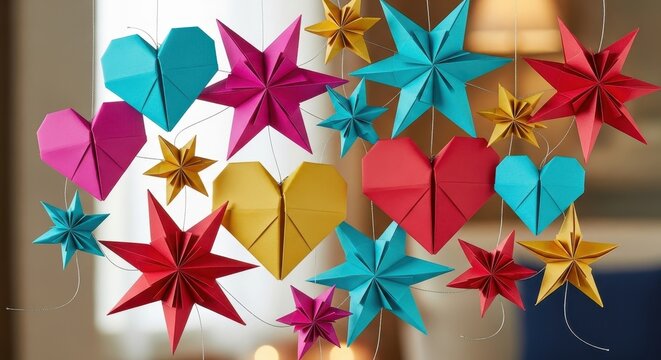 Colorful origami stars and hearts hanging decoration.