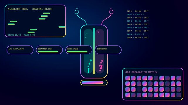 Digital displays showing hydrogen electrolysis chemical processing with glowing neon interface nodes and streaming data metrics across a dark blue gradient screen for complex energy research