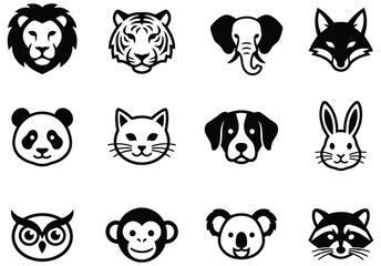 Fototapeta premium Set of cute animal head icons featuring various wild and domestic species in a simple line art style