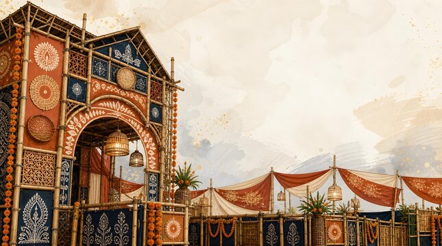Traditional Bengali Durga Puja Bamboo Pandal Gate Decoration Horizontal Banner Background Copy Space Template