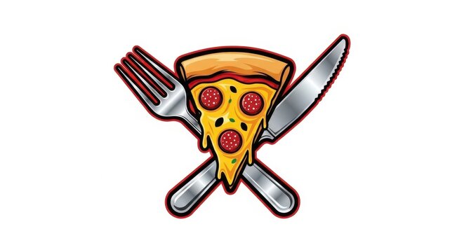 Colorful Pizza Slice with Fork and Knife Illustration.