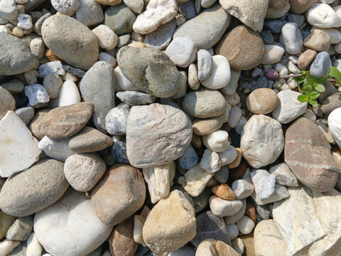 Decorative river gravel background texture for high end architectural design, luxury home entryway paving, indoor garden accent, smooth polished pebble surface pattern, full frame organic grey stone a