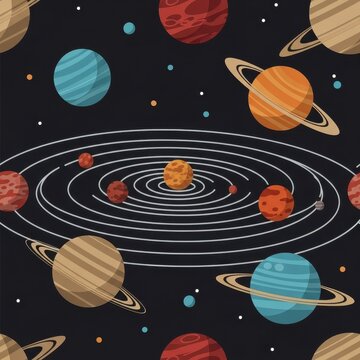 Colorful Planets and Orbits in Deep Space Illustration.