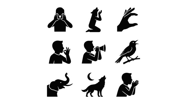 Black silhouettes of people and animals.
