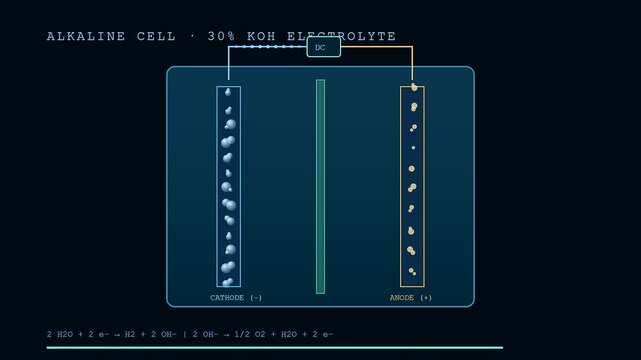 Hydrogen electrolysis process displayed in a three stage animated sequence showing chemical reactions between electrodes within a potassium hydroxide alkaline solution container on a dark screen