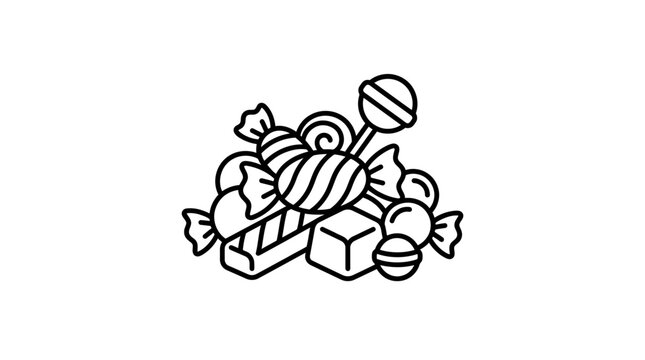A pile of assorted candies and sweets in a black and white line art style.
