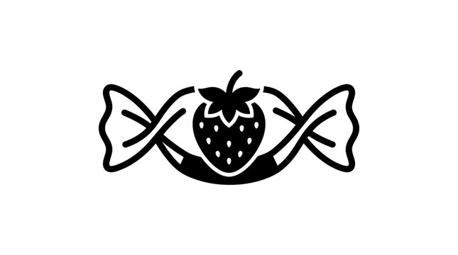 Black and white vector icon of a strawberry flavored wrapped candy.