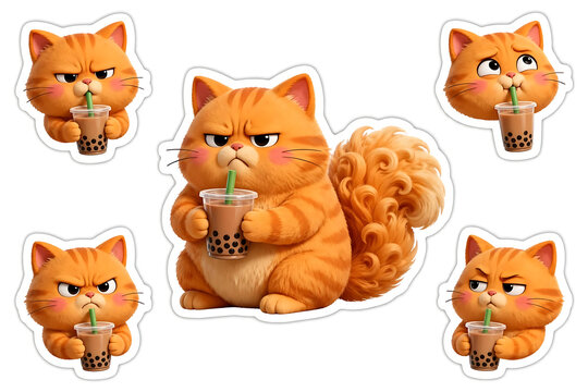 Cute grumpy orange cat drinking boba tea cartoon sticker illustration on white background