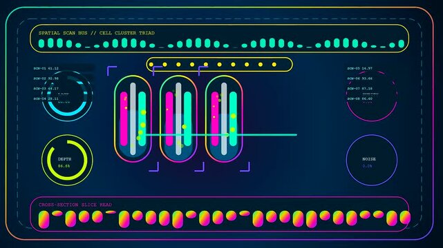 Hydrogen electrolysis software interface displaying dynamic data streams with animated vertical bar graphs and pulsing spectral audio indicators across a dark blue modular digital observation screen