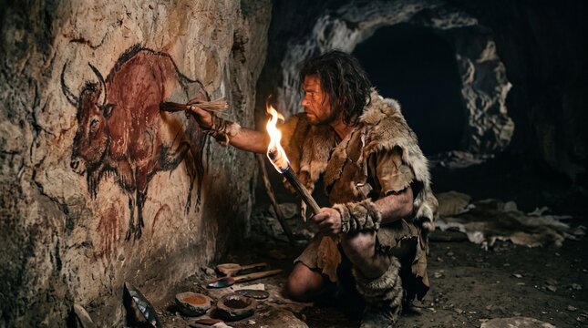 Woman explorer holding a flaming torch while discovering a dark mysterious ancient stone cave