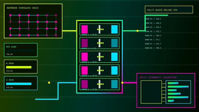 Digital displays showing hydrogen electrolysis energy processing metrics in a series of animated graphic panels that transition through complex data nodes with neon glowing interface colors