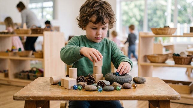 Little boy playing with wooden blocks and natural stones at a table in a bright preschool classroom