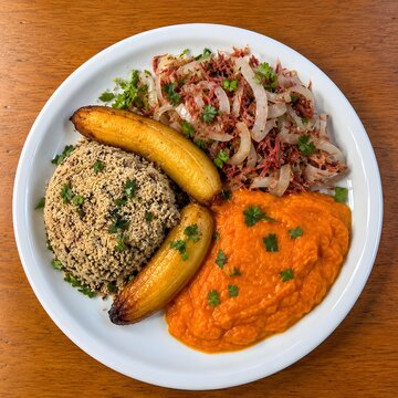 Traditional Brazilian Carne Seca with Pumpkin Puree, Farofa and Fried Plantains