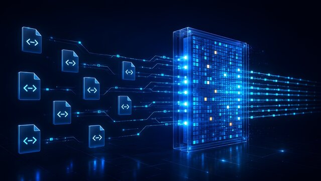Futuristic Data Processing and Cloud Computing Concept with Digital Code Files Connecting to Database Server