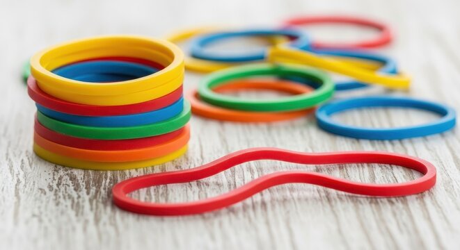 Colorful rubber bands arranged on wooden surface.