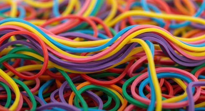 Colorful rubber bands tangled in a vibrant pile.
