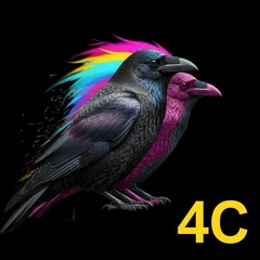 Naklejka premium Colorful raven birds with vibrant rainbow feathers on black background.