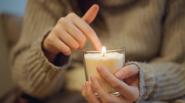 Close up of woman hands holding and lighting small glass candle indoors. soft flame illuminates texture of her sweater and manicured nails with warm ambient light in background