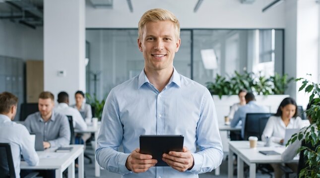 Portrait of a confident young businessman holding a tablet in a modern office
