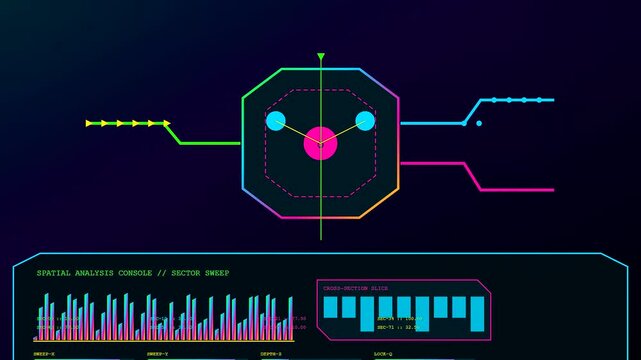 Hydrogen electrolysis visualization rendered as a motion graphic with glowing neon symbols displaying shifting data streams for analytical research purposes in a digital lab environment