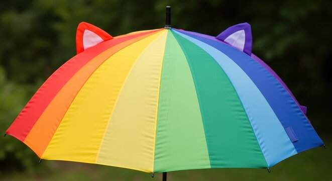Colorful rainbow umbrella with cat ears design outdoors.