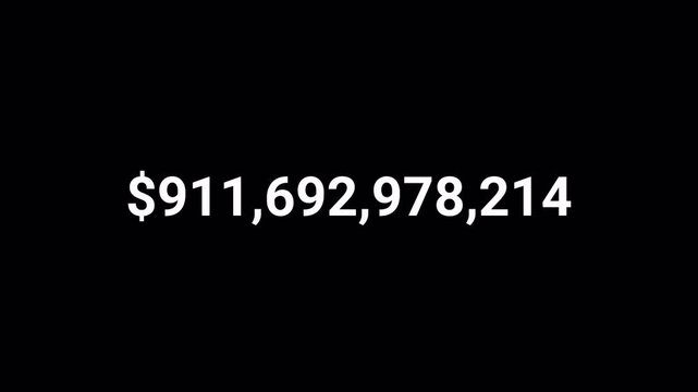 Number counter animation  on a transparent background  with alpha channel , Counting Numbers from $0 to $984,628,417,293 on a black background, Counting number video  
