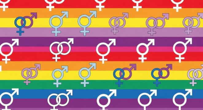 Colorful Rainbow Stripes with Gender and Love Symbols Pattern.